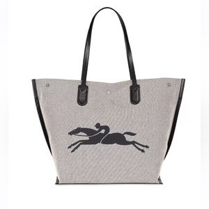 Long-Champ Black Leather & Grey Canvas Tote Bag